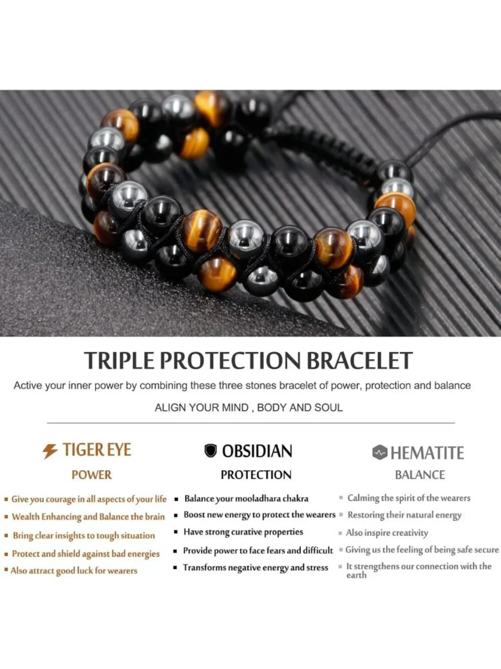 Triple Protection Bracelet for Men - Tigers Eye, Black Obsidian, Hematite